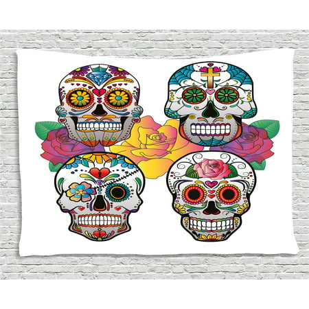 Sugar Skull Decor Tapestry, Different Types of Skulls Rich Colorful Ornaments Roses Border Carnival, Wall Hanging for Bedroom Living Room Dorm Decor, 80W X 60L Inches, Multicolor, by Ambesonne