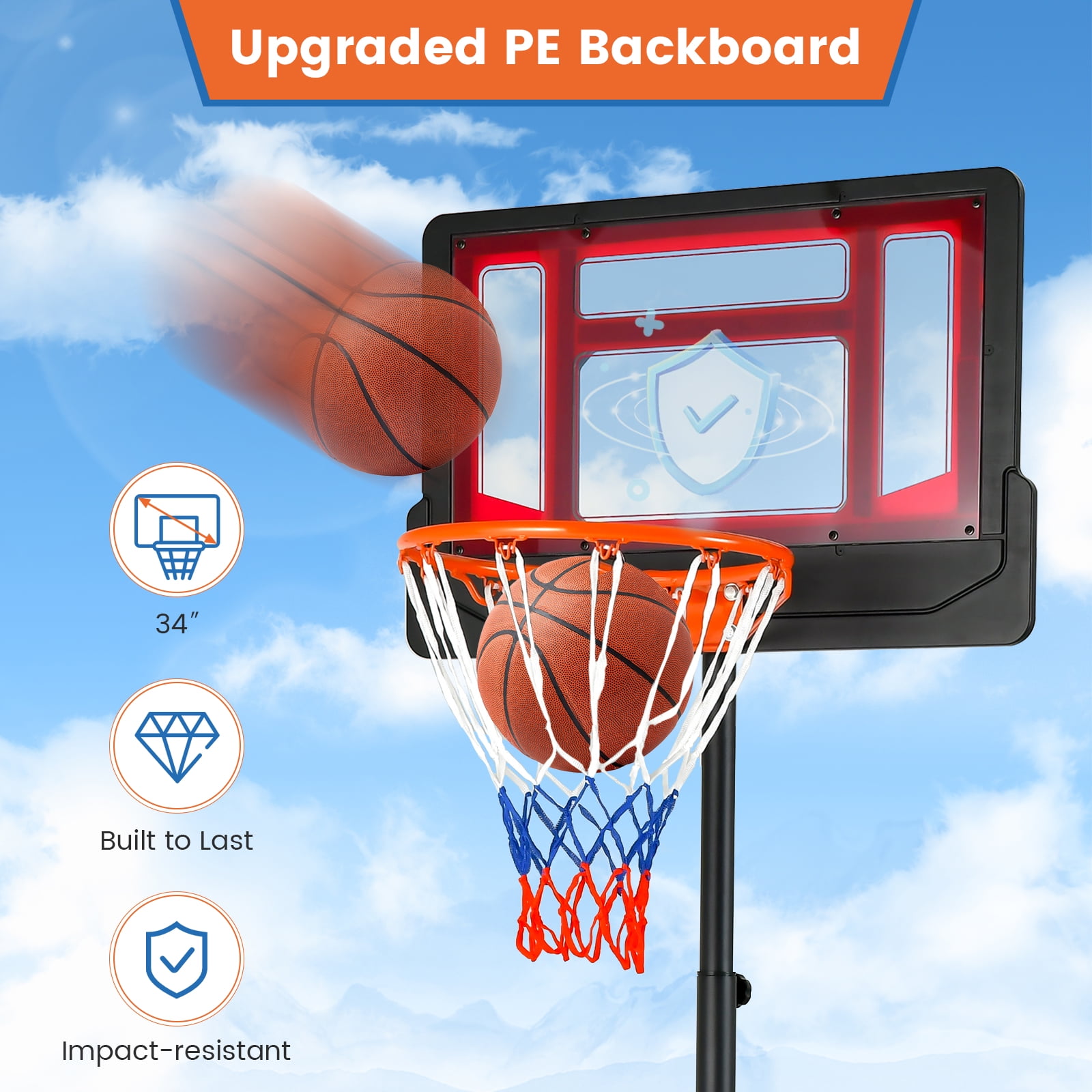 Topbuy Basketball Hoop Portable Basketball Stand with Rolling Wheels 4.3-8.2FT Adjustable Height PE Backboard Fillable Base