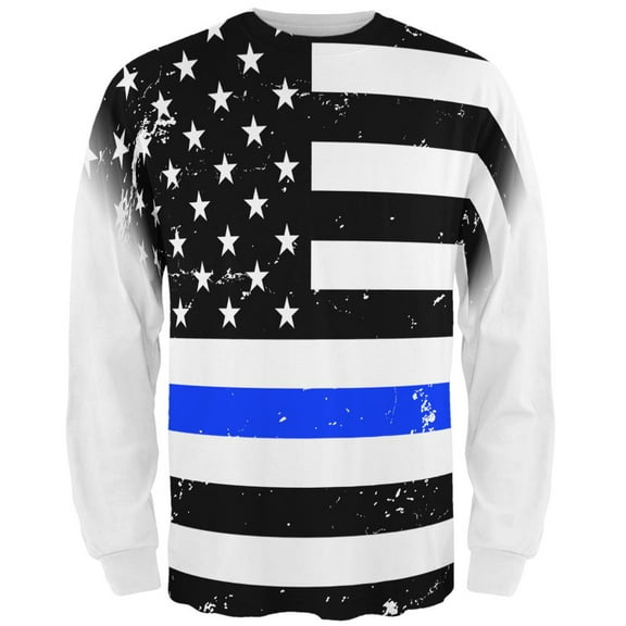 Distressed Thin Blue Line American Flag All Over Mens Long Sleeve T Shirt