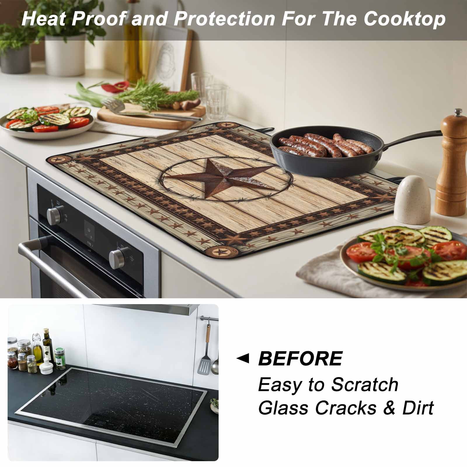Texas Star Brown Stove Top Cover for Electric Stove, Heat-proof & Non Slip Glass Top Stove Cover Protector, Country Star Rustic Vintage Wooden Kitchen Flat Cooktop Rubber Mat 24x21 Inches
