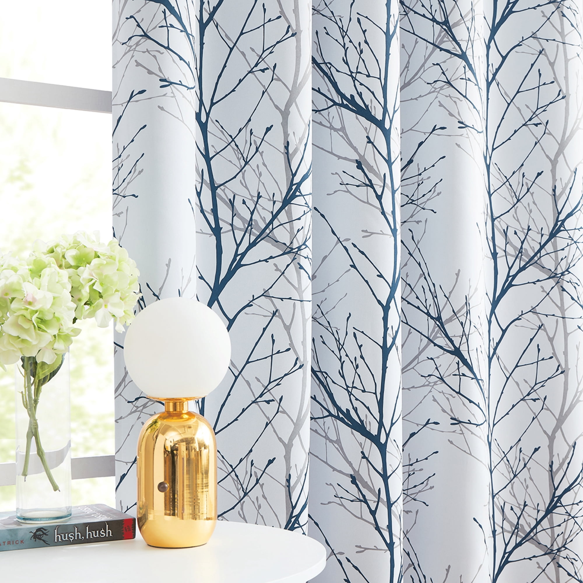 Decoultimatex Blue White Branch Blackout Curtains for Bedroom Triple Weave Energy Saving Full Blackout Window Curtains for All Seasons, 52"x96"x2