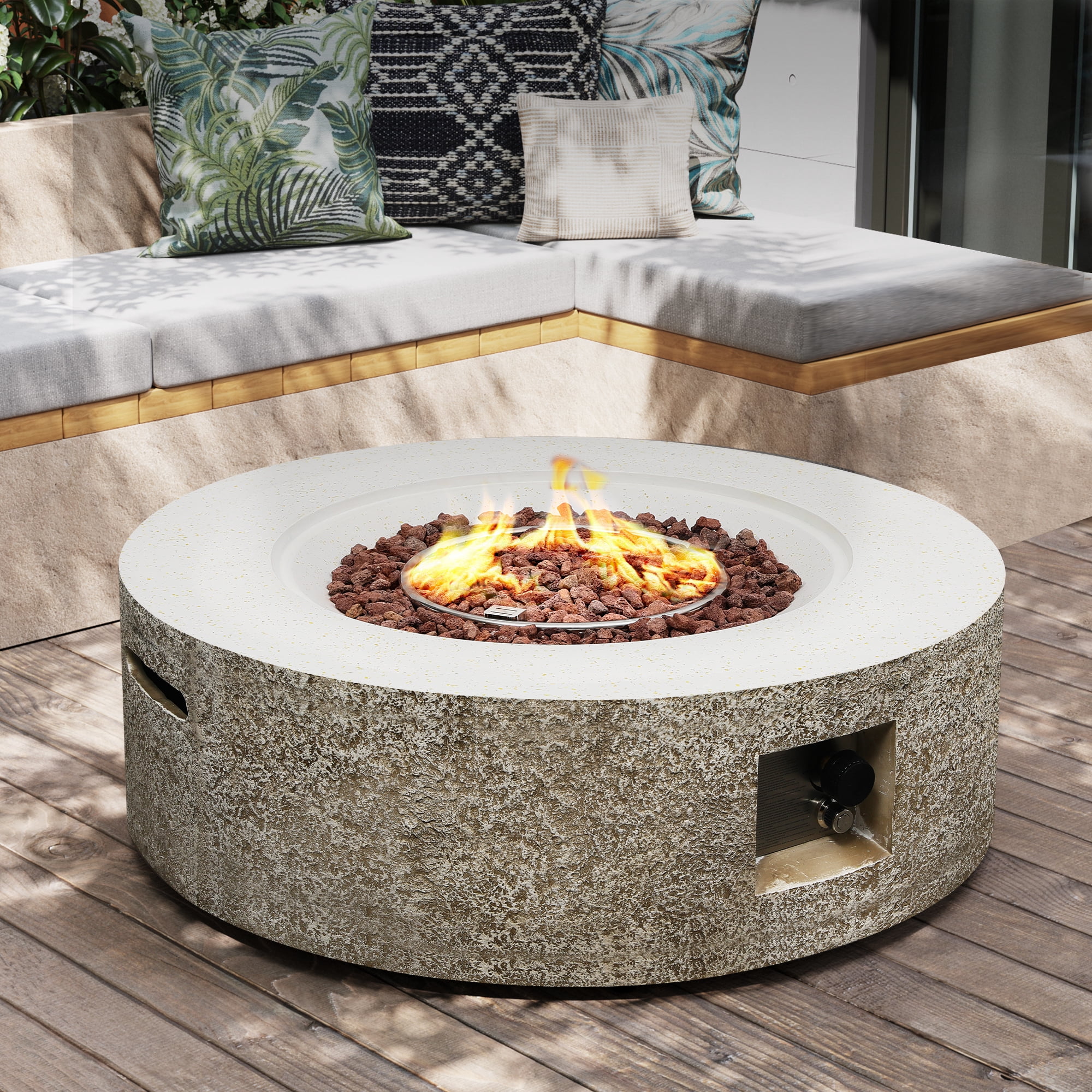 UPHA 42-inch Outdoor Propane Round Fire Pit Table 50000 BTU Gas Concrete FirePit for Outside Patio with Lava Rocks, Rain Cover, Beige