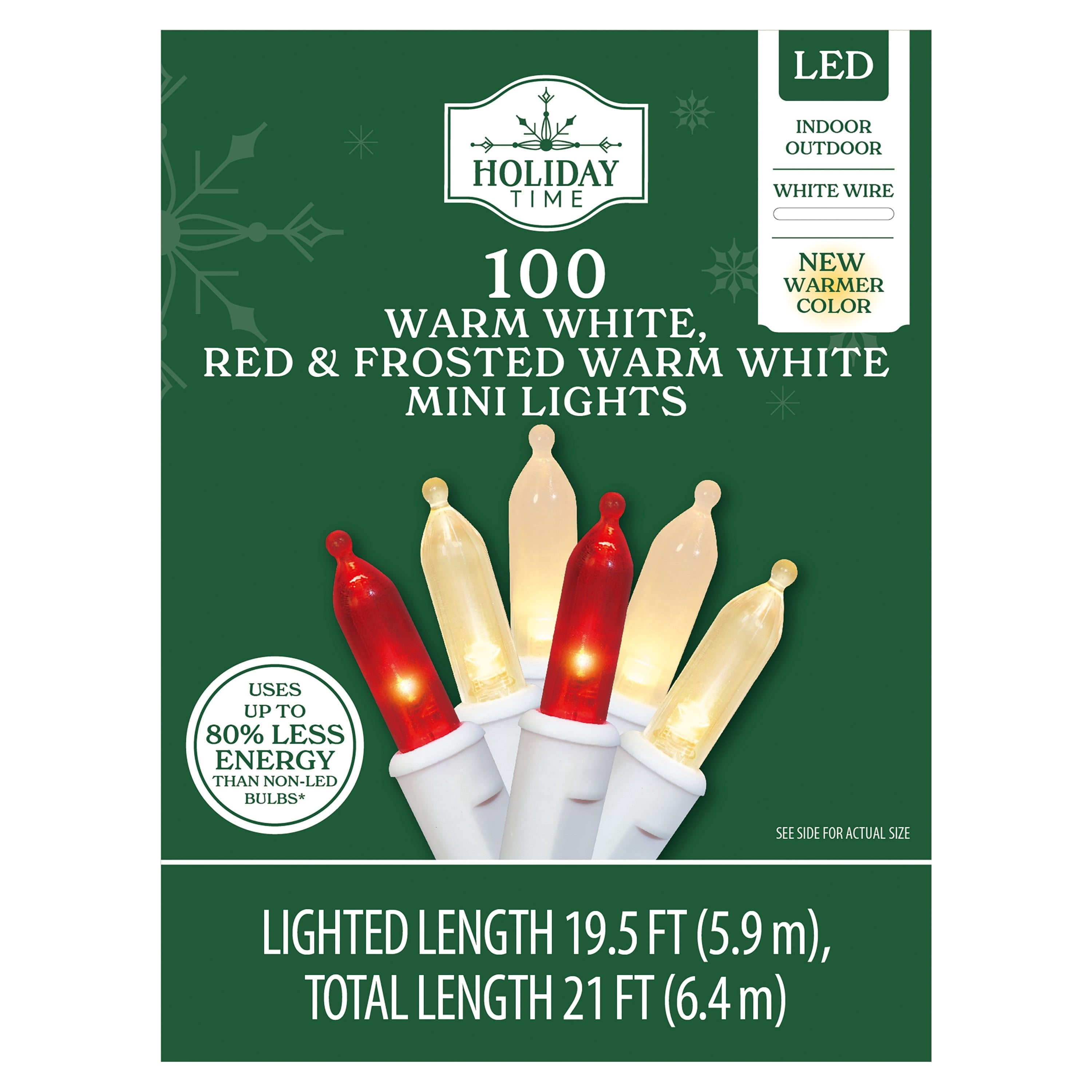 Indoor/Outdoor 100-Count LED Mini Christmas String Lights, Red/Warm White/Frosted Warm White, White Wire, 19.5', by Holiday Time