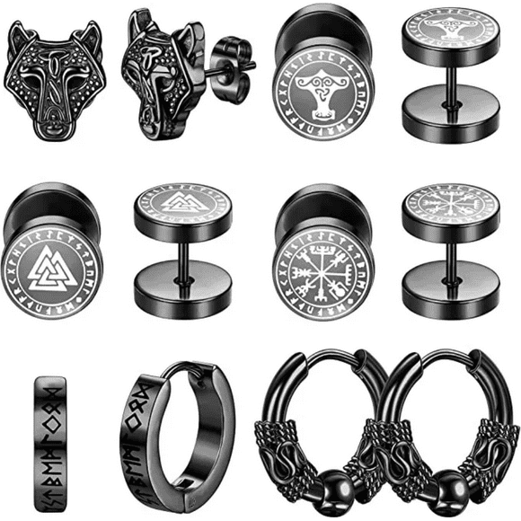 Aretes Con Piercing Pendientes Runas Hombre 6 Pares, Negro