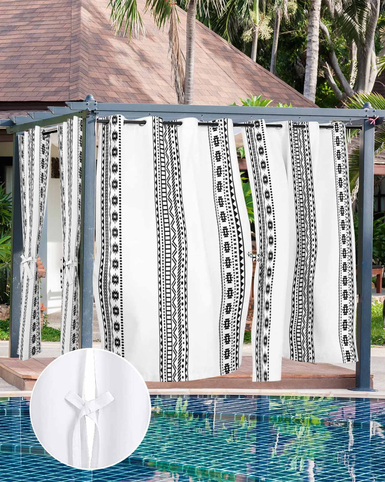 White Boho Outdoor Curtains for Patio, Farmhouse Simple Abstract Striped Geometric Privacy Drapes Grommet Waterproof Outside Curtains for Porch/Cabana/Balcony 54"x 95", 2 Panel