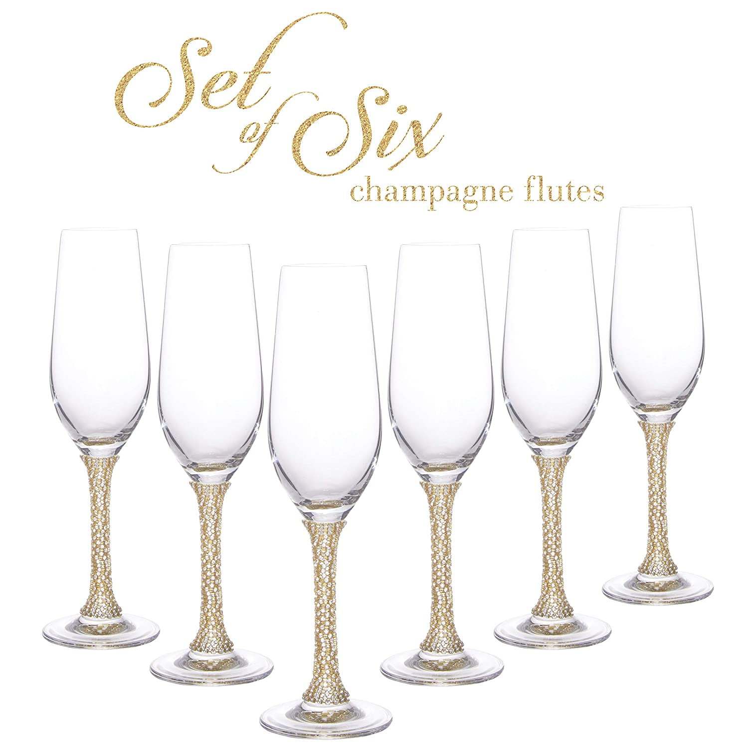 Luxury Champagne Glasses Crystal Flutes Gold Plated 'Liberty' Set of 6 