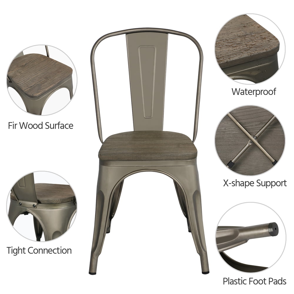 Alden Design Metal Stackable Dining Chairs with Wooden Seat, Set of 4, Gunmetal Gray