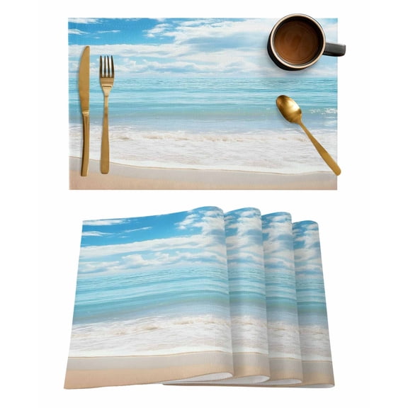Blue Ocean Placemats Set of 6, Coastal Sea Beach Shore Sky Waves Scenery Placemats for Dining Table, Place Mats for Kitchen Tabletop, Waterproof Wipeable Dining Table Mats Set