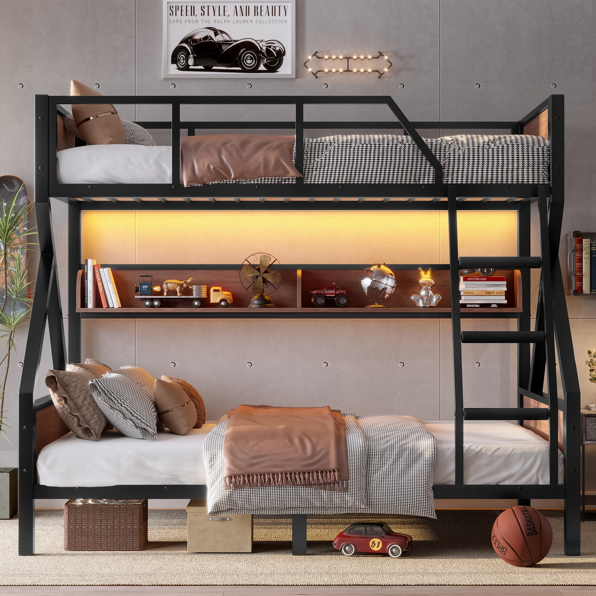 Twin Over Full Size Bunk Bed with Storage Shelves & LED Light, Metal Bunk Bed Frame with Wood Board & Sturdy Slats, Heavy Duty Bed Frame, Noise Free