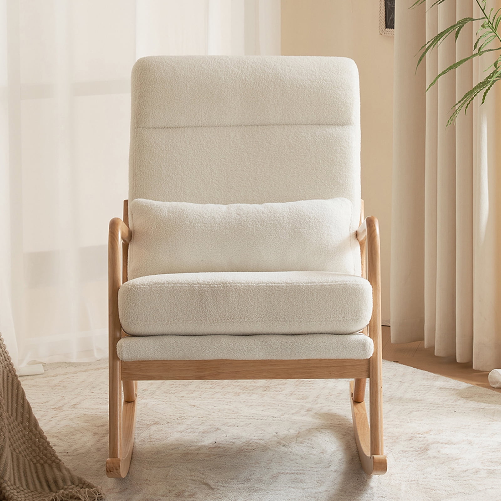UWR-Nite Rocking Chair Nursery, 25.2" High Backrest Mid-Century Rocking Chair with Wooden Armrest Upholstered Glider Rocker with Free Lumbar Pillow for Living Room