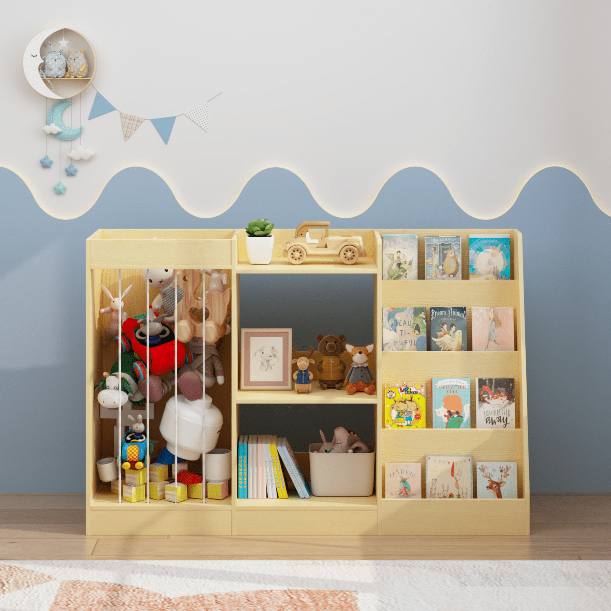 Natural Wood Kids Bookshelf 3-in-1 Toy Storage 4-Tier Book Display Anti-Tip Childrens Room Organizer