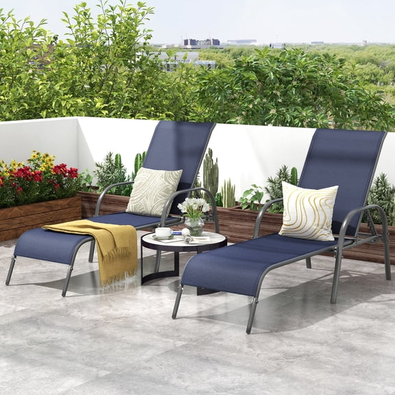 Gymax 2 PCS Lounge Chair Chaise Adjustable Reclining Armrest Patio Navy