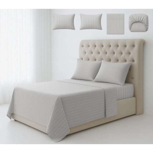 Juego de Sábanas Matrimonial 3000 Hilos Suave Diseño Rayado 4 Piezas Modelo Gris
