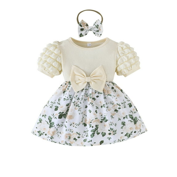 THDHVS Girls Casual Dresses,Summer Dresses for Girls,Sweet Baby Girl Cute Decoration Summer Small Floral Short-Sleeve Dress Headscarf