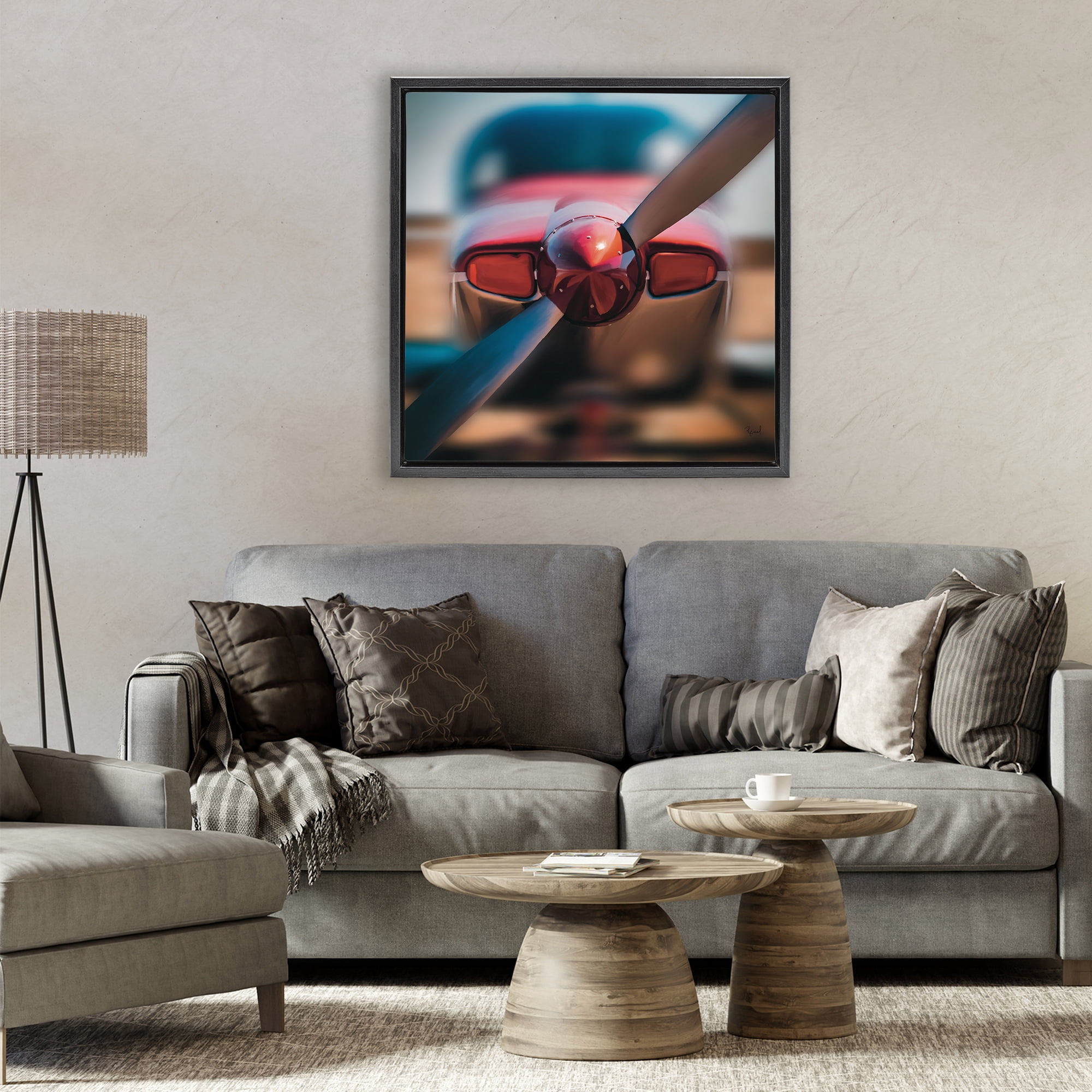Stupell Industries Red Aircraft Propeller Black Framed Floater Canvas Wall Art, design by Renel Peters