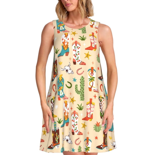 Disketp Groovy American Western Footwear para Vestido sin Mangas para Mujeres, Vestidos de Verano para Mujeres, Casual y Holgado para la Playa