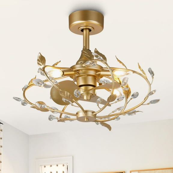 24" French Luxury Gold Crystal Ceiling Fan with Remote, 4-Light Decorative Leaf Cage, 6-Speed Reversible DC Motor