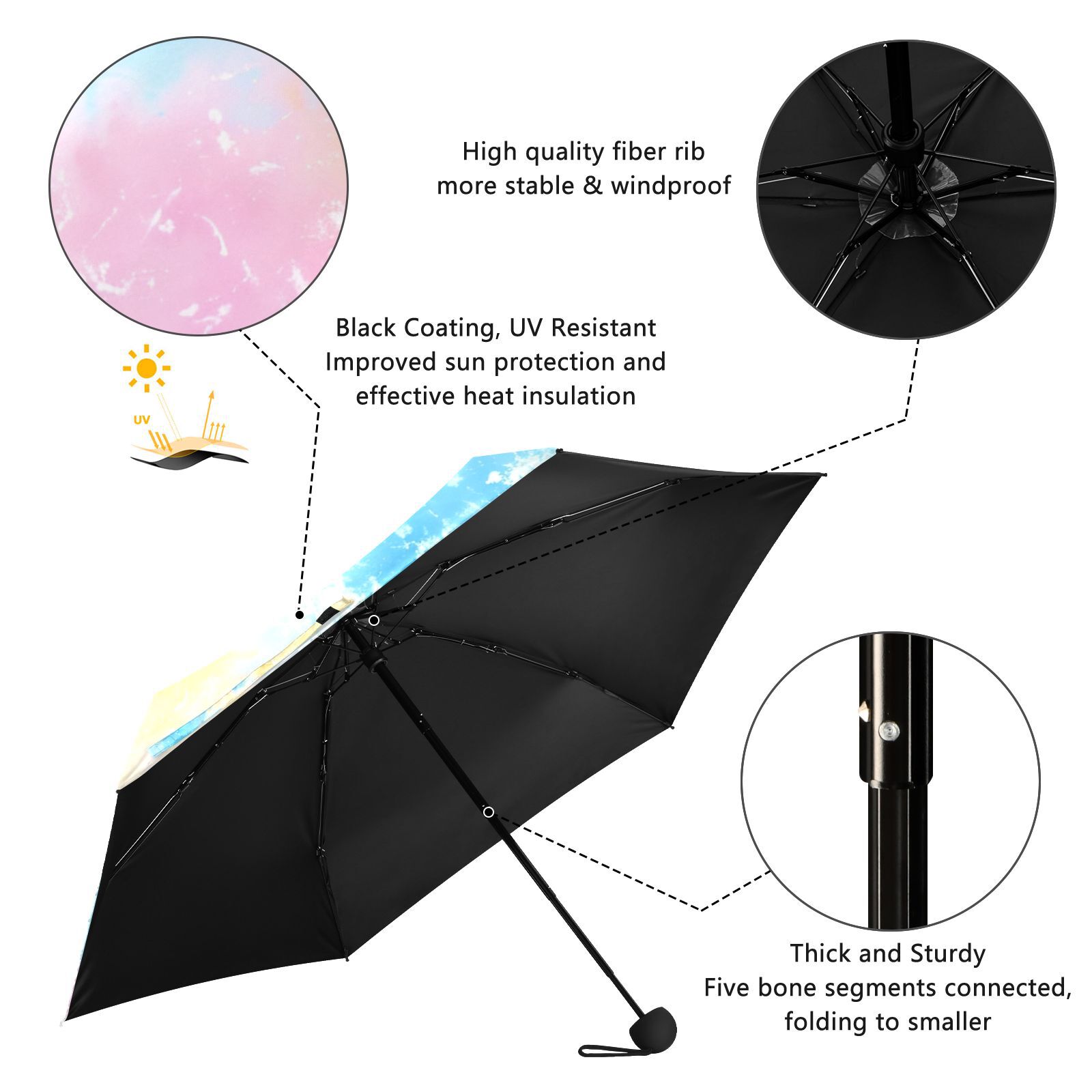 JSTEL Tie Dye Rainbow Color Folding Umbrella for Rain Sun Travel Mini Lightweight Compact Umbrellas