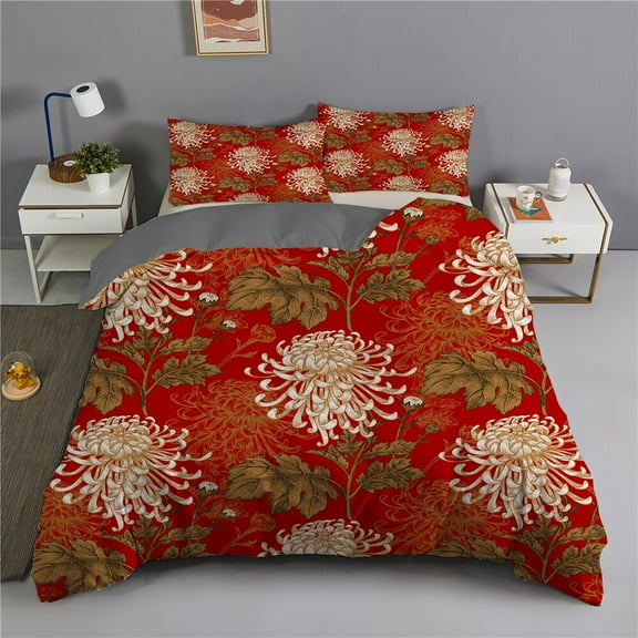 Oriental Flowers King Duvet Cover Vintage Floral Bedding Set Chrysanthemum Japanese Style 2/3pcs Polyester Quilt Cover