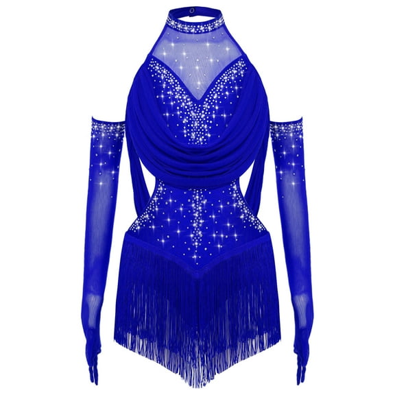 Haitryli Girls Glittery Rhinestones Sleeveless Mesh Drapes Tassels Bodysuit Samba Rumba Latin Dance Dress with Gloves Blue 10