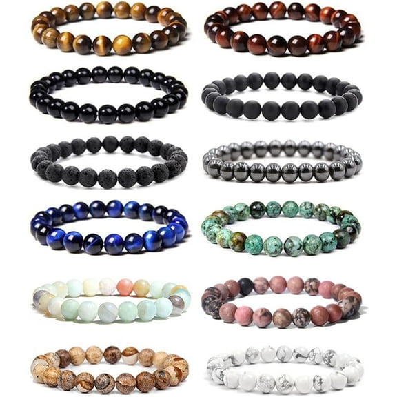 12Pcs Crystal Bracelet for Women Men 8mm Beaded Bracelet Semi-Precious Gemstones Stretch Bracelet Set Unisex Yoga Bracelets Gifts