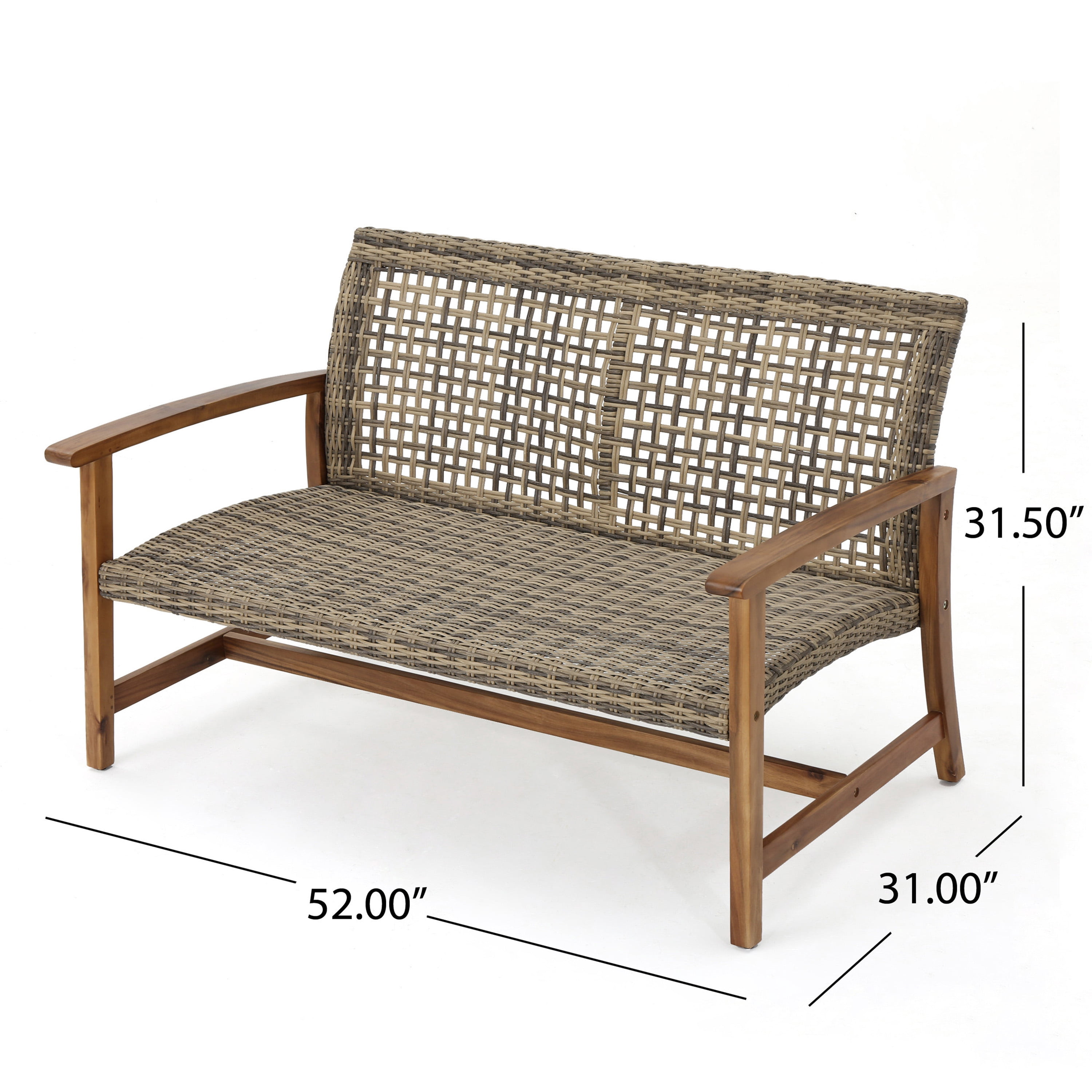 Outdoor Wicker Loveseat 52 Inch, Acacia Wood Patio Sofa with Iron Frame, Woven Seat Conversation Set for Backyard and Garden, Natural and Grey
