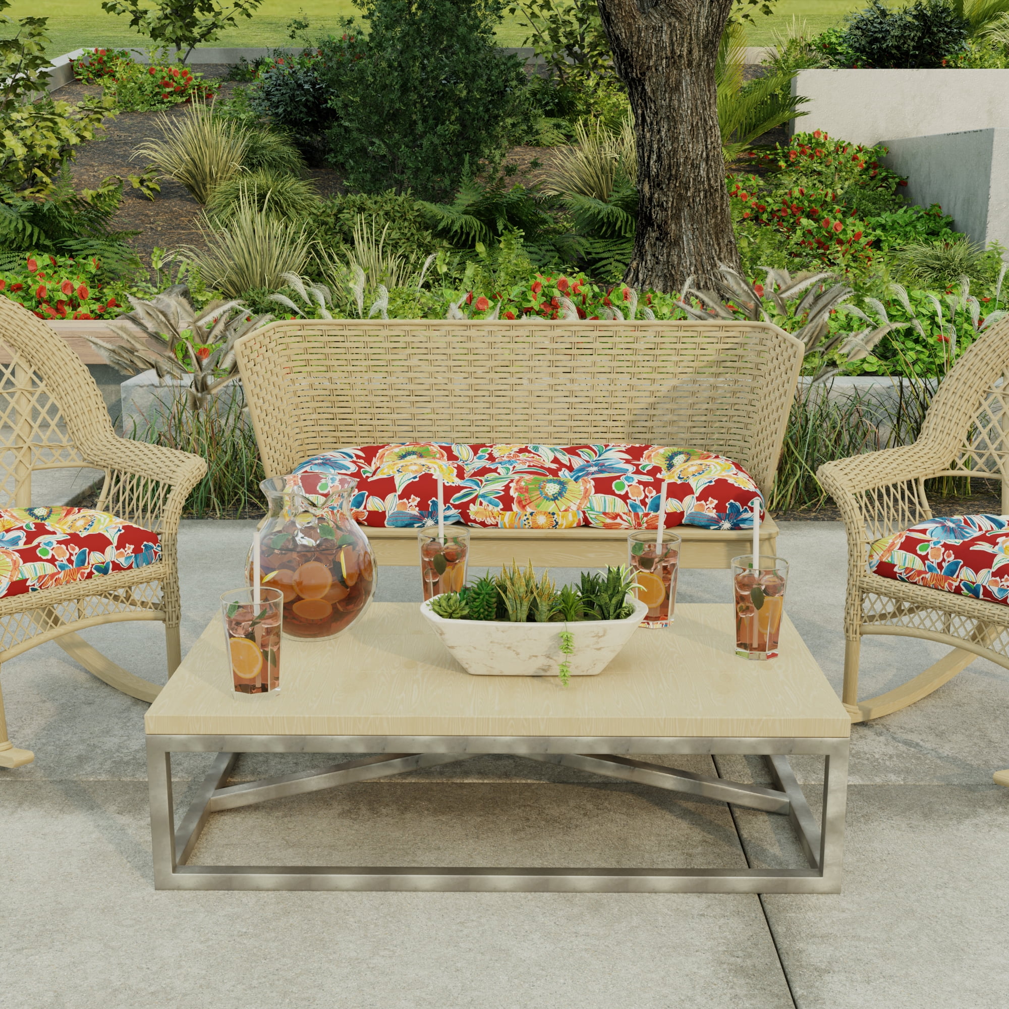 Jordan Manufacturing 44" x 18" Colsen Berry Red Floral Rectangular Tufted Contoured Outdoor Wicker Settee Bench Cushion