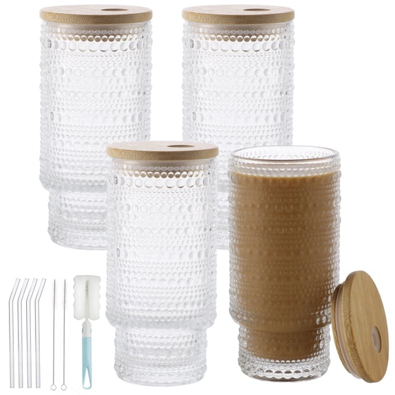4PCS Glass Cups with Lids and Straws, 11 oz Vintage Polka Dot Beaded Glassware, Iced Coffee Tumbler with Leakproof Wooden Lid, Aesthetic Glass Cup Set for Juice Soda Home Office