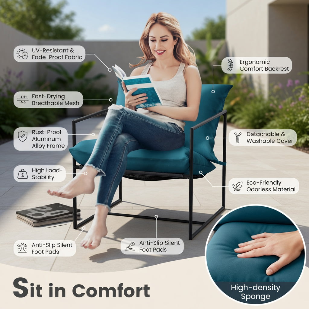 Hommoo 2-Pack Sling Accent Chairs with Black Metal Frame, Indoor/Outdoor Leisure Chairs, Weather-Resistant Fabric, Ergonomic Design, Navy