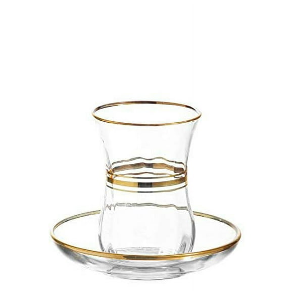 LAV Elegant Turkish Tea Glasses and Saucers | With Gold Rim and Accents, 4 Ounce Cups with 4 Inch Plates, 12 Piece Set Includes 6 Glasses and 6 Saucers, Made in Turkey