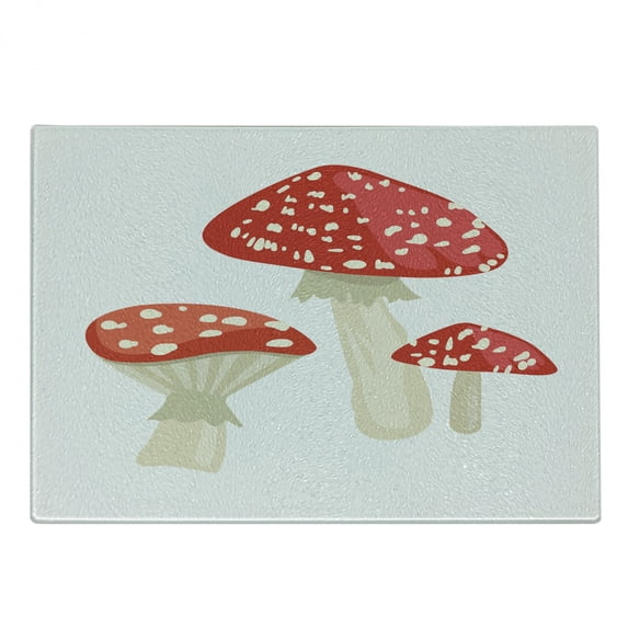 Mushroom Cutting Board, Simplistic Cartoon Style Toadstool Wild Woodland Dots Organic Print, Decorative Tempered Glass Cutting and Serving Board, in 3 Sizes, by Ambesonne