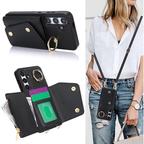 Samsung Galaxy S24 FE Case, Crossbody Wallet Case with Card Slot, Lanyard Wrist Strap, Shockproof Kickstand