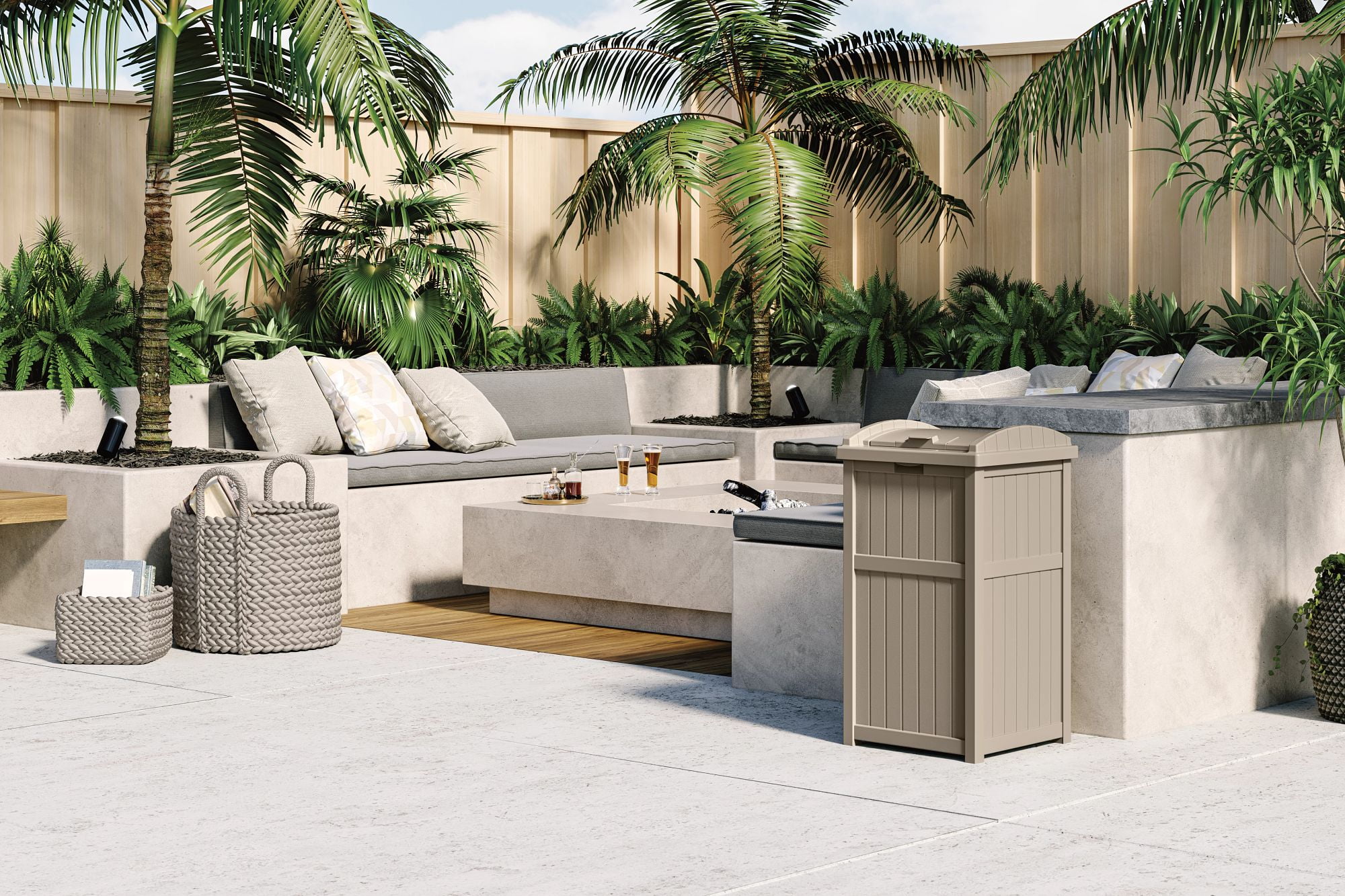 Suncast Resin Hideaway Outdoor Trash Can with Latching Lid, Taupe