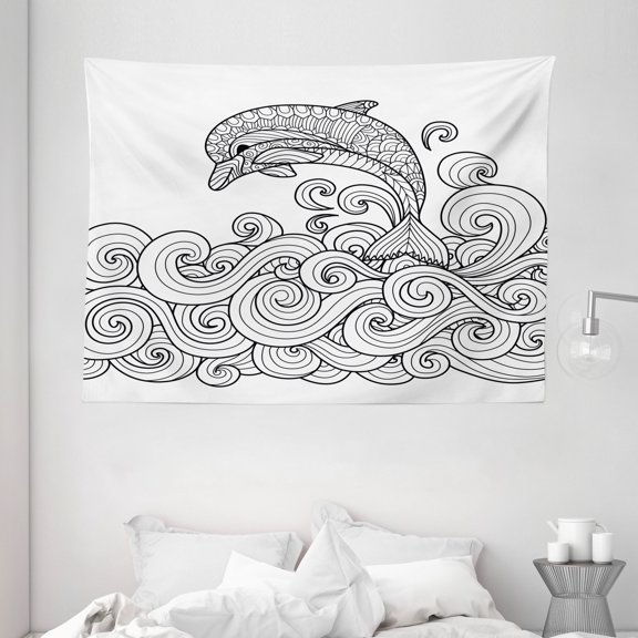 Dolphin Tapestry, Black and White Zentangle Nautical Image Waves and Animal Jumping out of Water, Wall Hanging for Bedroom Living Room Dorm Decor, 80W X 60L Inches, Black White, by Ambesonne
