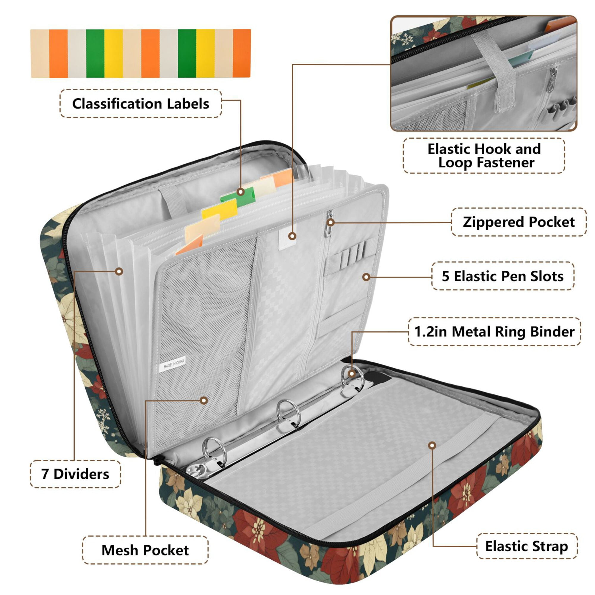 FORMRS Accordion File Folder A4 Size 7-Pocket Expanding Document Organizer Bag with 3 Ring Binder, Christmas Blooms