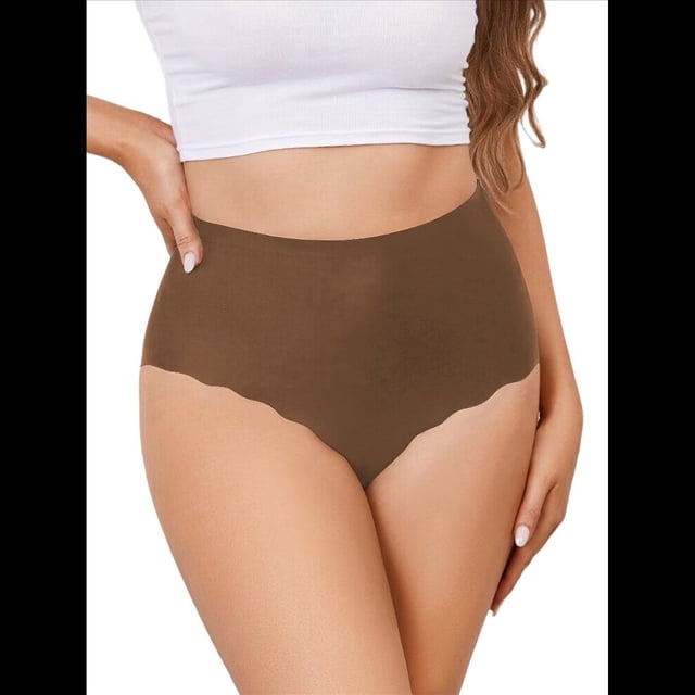 Bragas Invisibles de Cintura Alta para Mujer, Sin Etiqueta, con Borde Ondulado y Cobertura Total. Café Marrón L