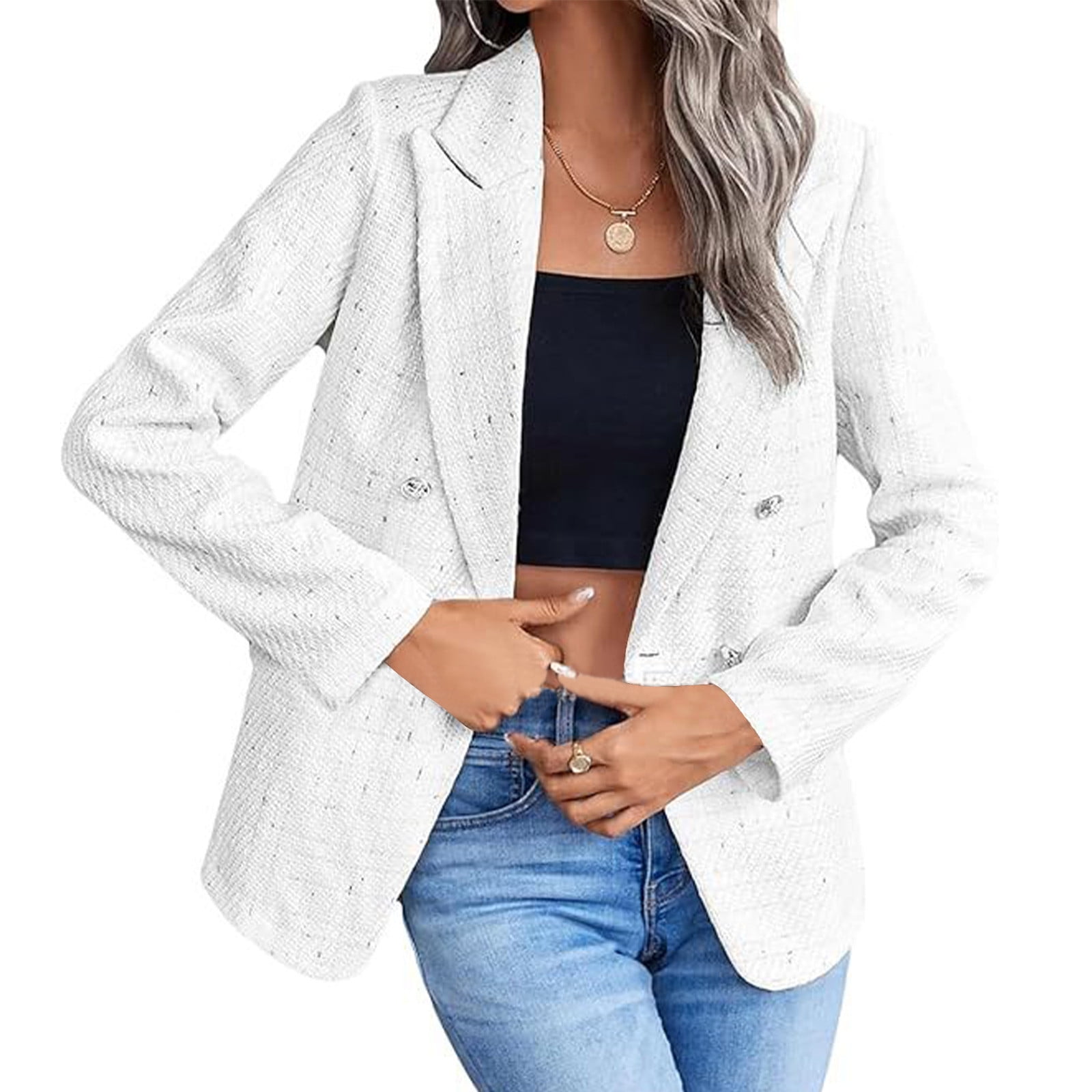 TKLPEHG Women's Blazers Tweed Plaid Blazer Jacket Fashion Business