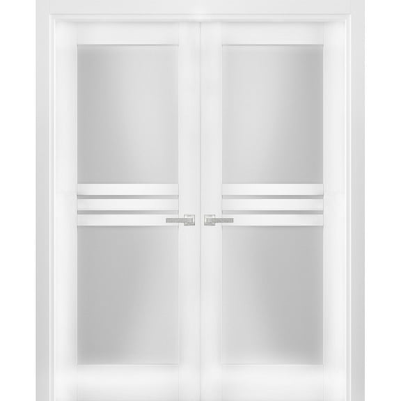 Solid French Double Doors 60 x 80 inches Opaque Glass 4 Lites / Mela 7222 White Silk / Wood Solid Panel Frame / Closet Bedroom Modern Doors