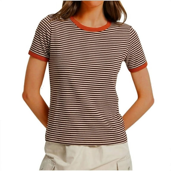 Mingw Slim Fit T Shirts for Women Women's Summer Striped T Shirt Colorblock Short Sleeve Round Neck Top
