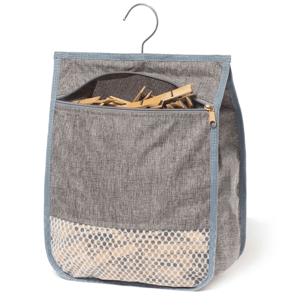 Outdoor Laundry Clothespin Bag with Hooks, Large Capacity Clothes Pin Storage Organizer, Wide Opening, Zipper Closure for Clothesline
