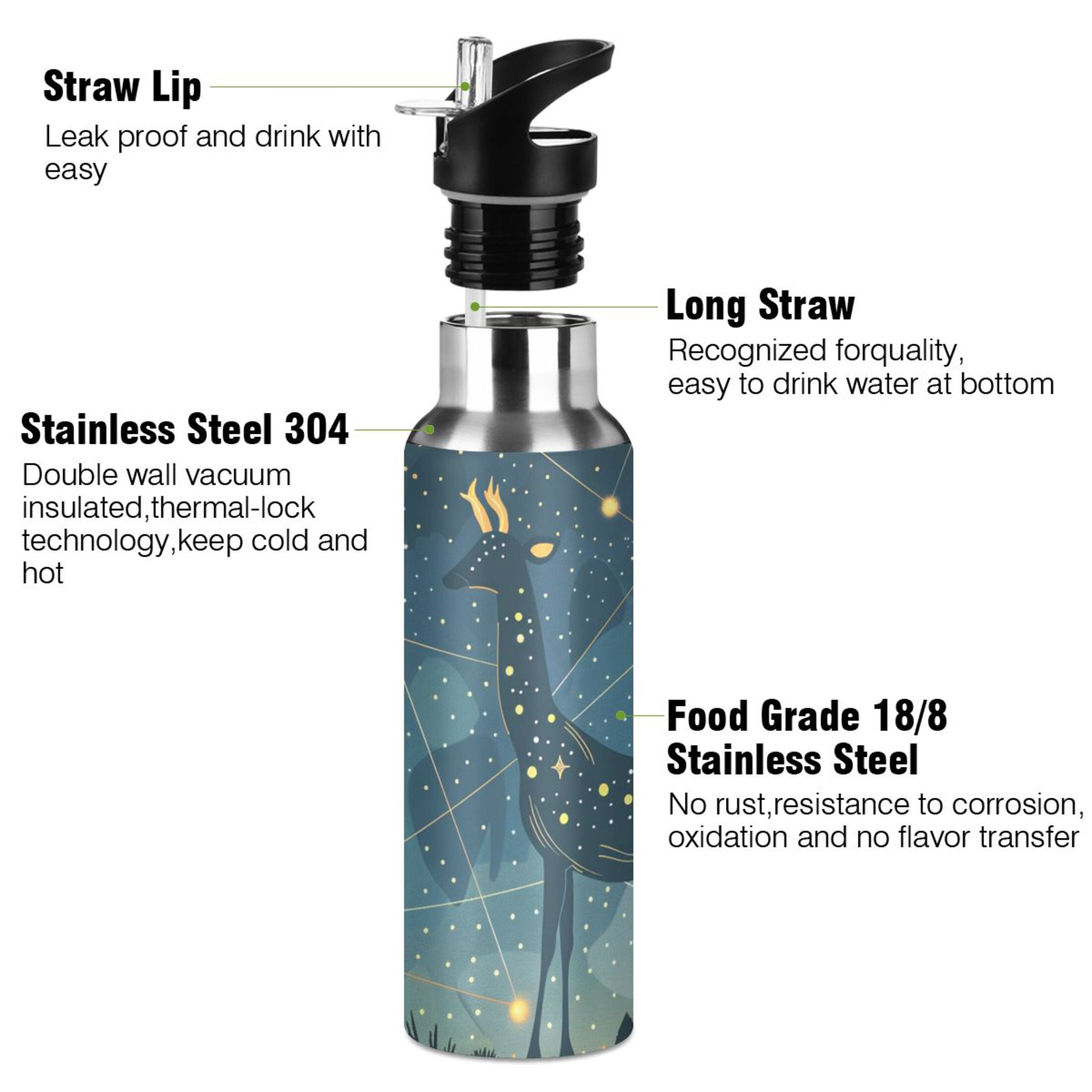 Constellation Deer Sports Bottle with Straw Stainless Steel Water Jug Portable Thermal Cup Leak-proof 600ML