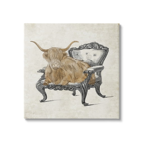 Stupell Industries Longhorn & Vintage Armchair Animals & Insects Painting Gallery Wrapped Canvas Art Print Wall Art, 17 x 17