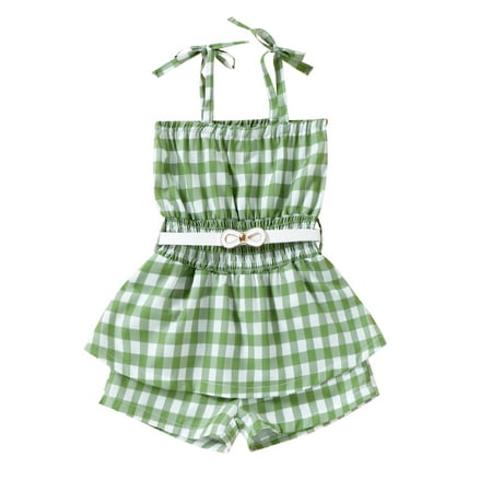 

TheFound Fashion Kids Girls Jumpsuits Clothing 2 Colors Plaid Printed Sleeveless Lace Up High Waist Playsuits WIth Belt