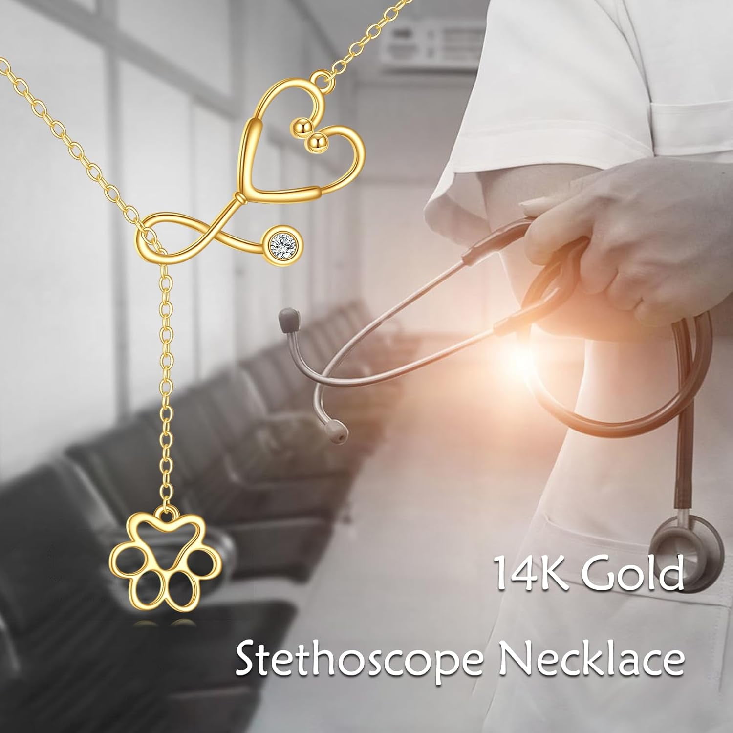 YAFEINI 14k Solid Gold Nurse Necklace for Women Real Gold Stethoscope Nursing Jewelry Gift