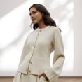thumbnail image 3 of Women Sweater Coat Round Neck Long Sleeve Single Breasted Knitting Tops Solid Color Slim Fit Ribbed Trim Knitwear with Pockets, 3 of 8