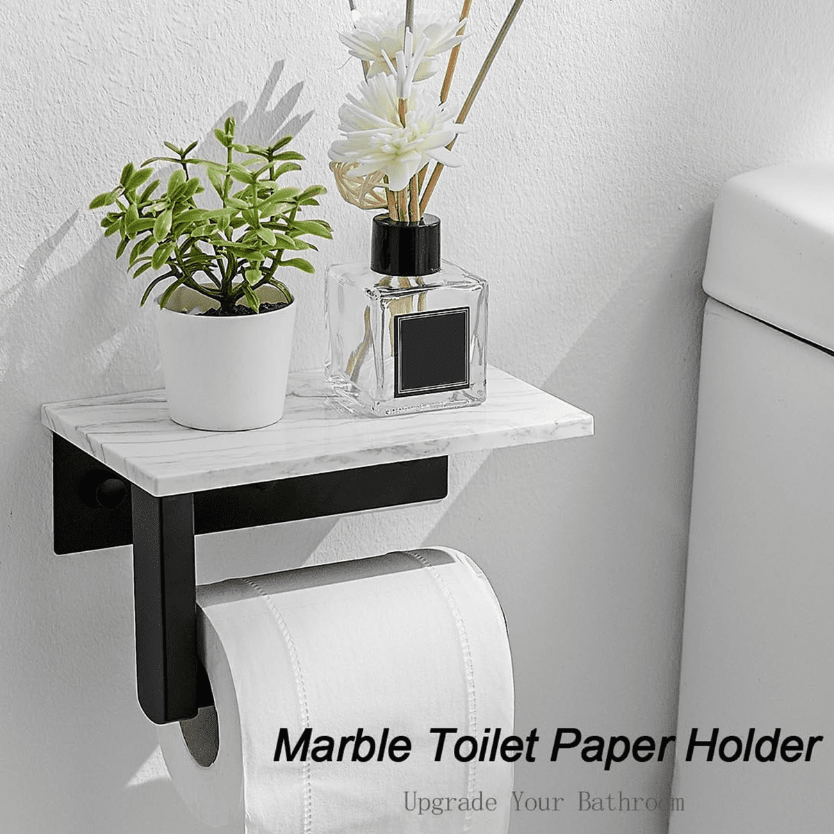 Qtmnekly Marble Toilet Paper Holder with Shelf Toilet Paper Roll Holder Wall Mount for Bathroom Cabinet Decorative, Black