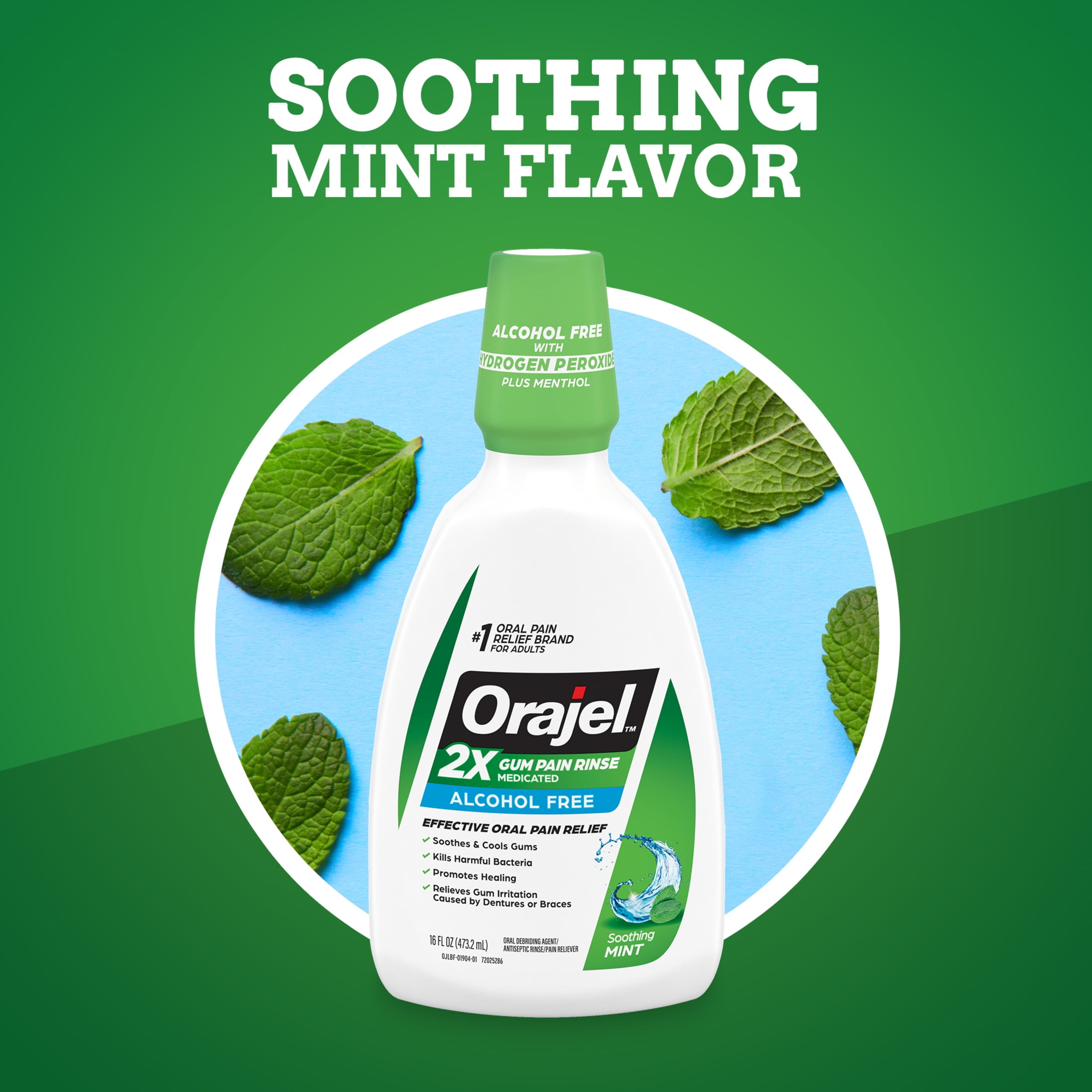 Orajel 2X Medicated Gum Pain Rinse, Oral Pain Relief, Alcohol Free, Soothing Mint, 16 fl oz
