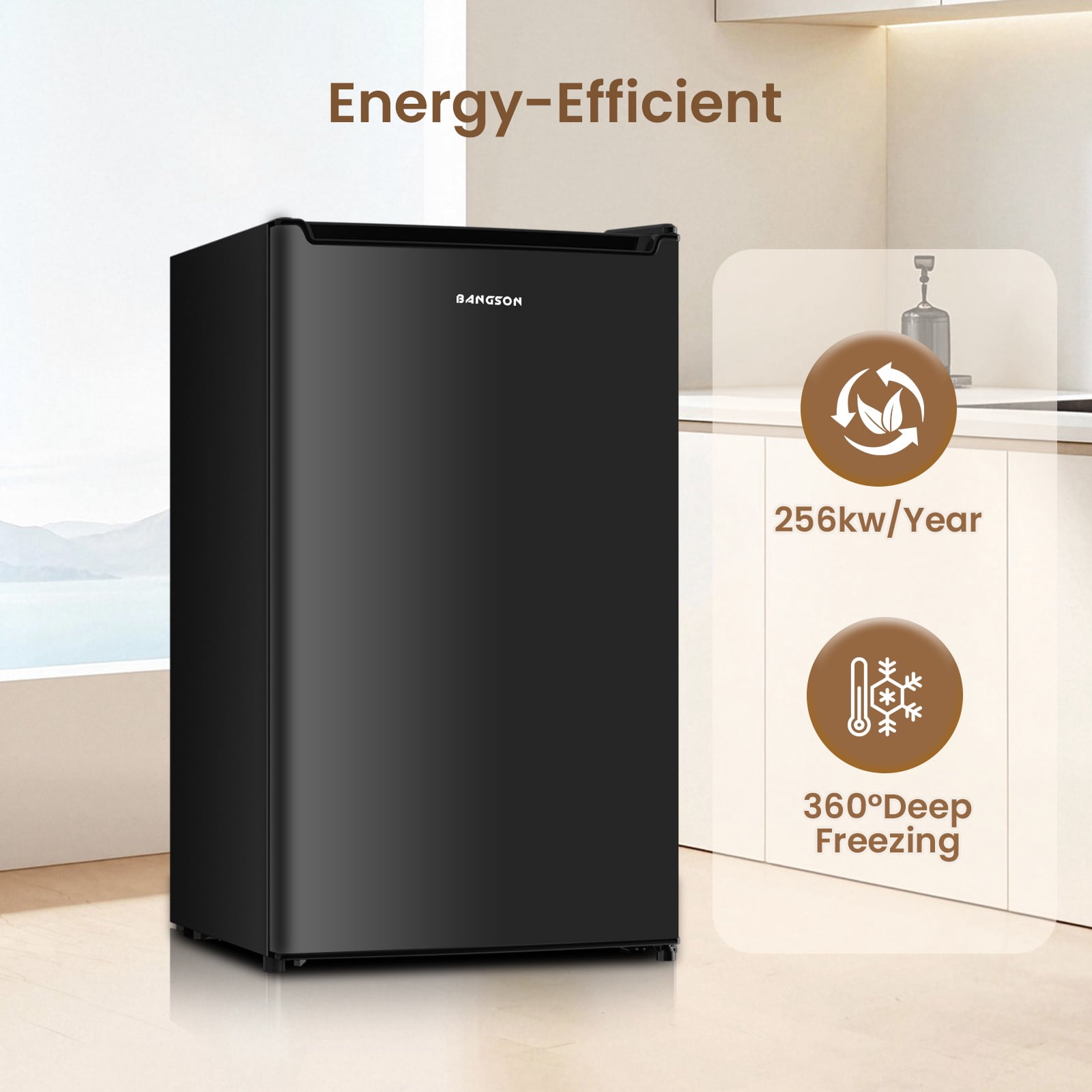 BANGSON 2.1 Cu.ft Upright Freezer, Compact Mini Freezer with Reversible Black Door, Adjustable Thermostat, Removable Shelves, Energy-Saving for Dorm Office Apartment, Black