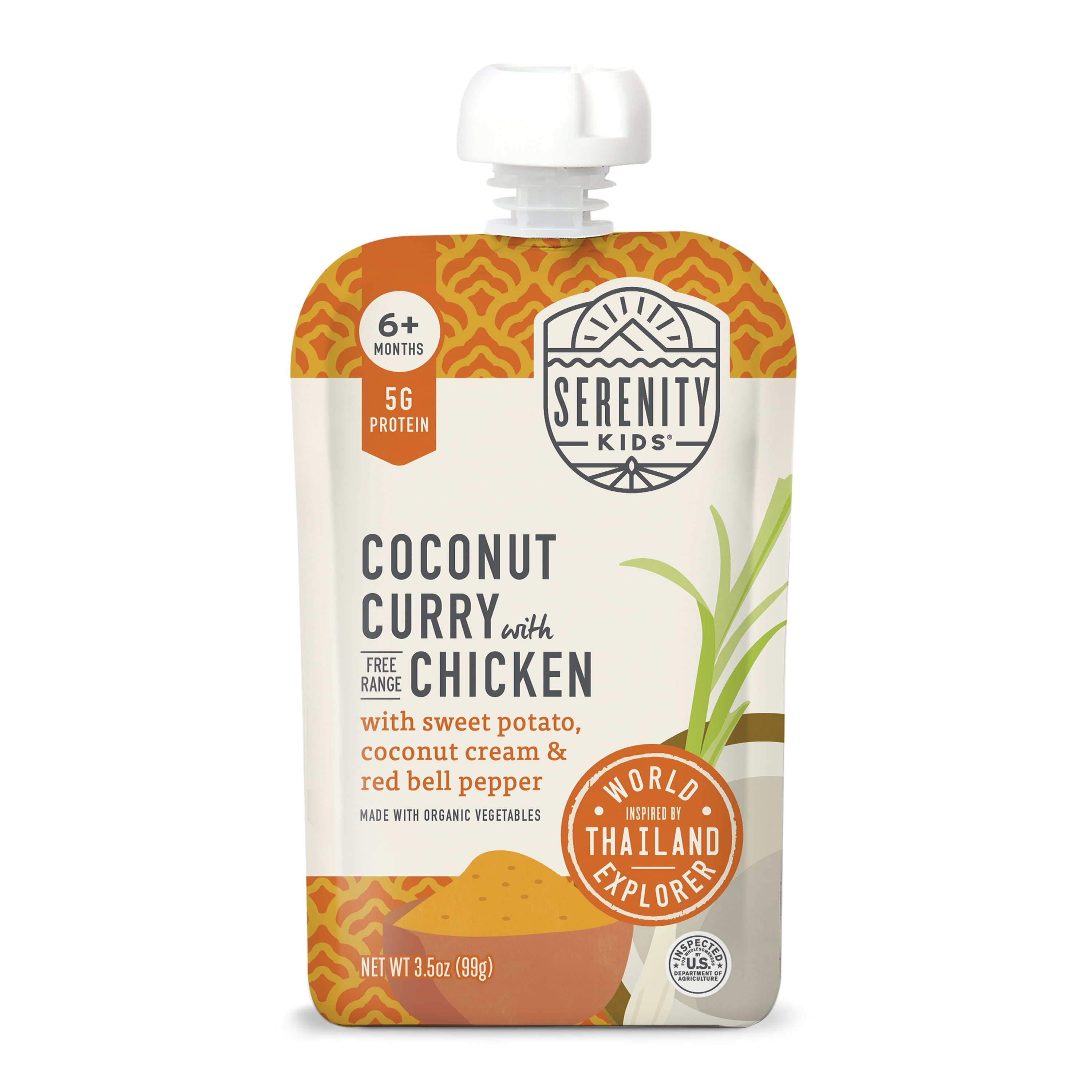 (6 pack) Serenity Kids Stage 2 World Explorer Coconut Curry Baby Food, Free Range Chicken & Organic Veggies, 3.5oz