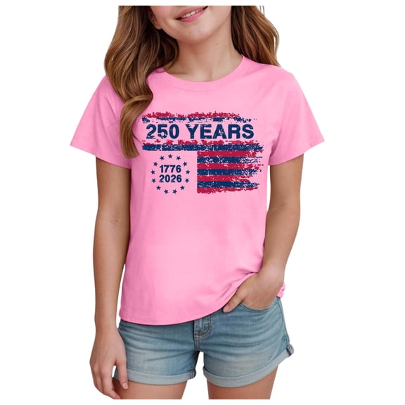 Wxirdiow Patriotic Clothes for Girls American Flag 4th of July Shirt for Girls Kids Summer Independence Day Printed Graphic T Shirt Pink Size,13-14Years